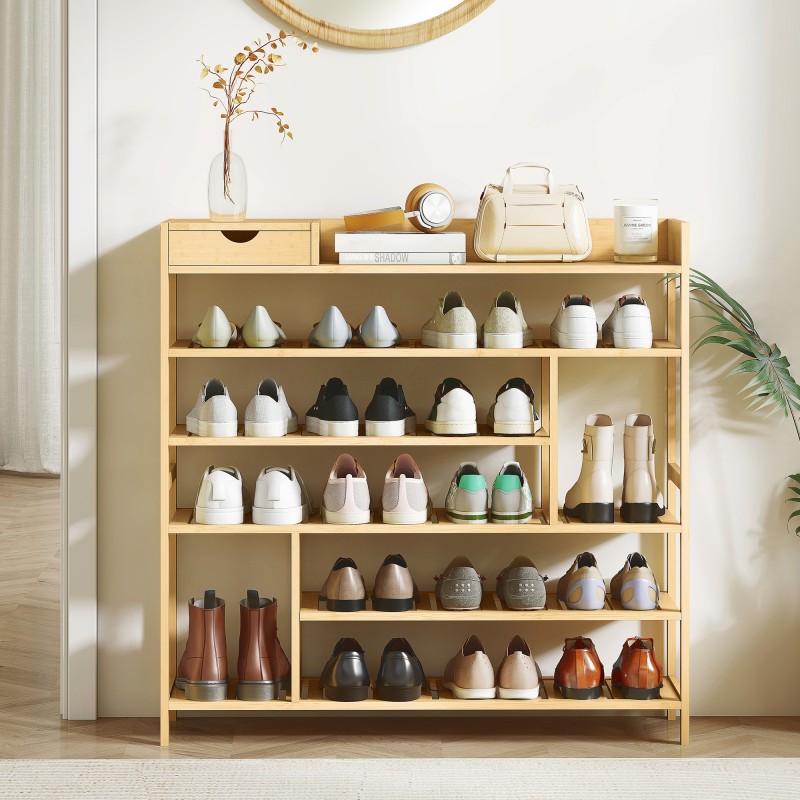 Kenkähylly laatikolla bambua 6 tasoa 18 parille 101 x 30 x 100 cm luonnollinen