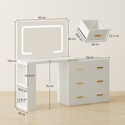 Meikkipöytä säädettävällä LED-peilillä, pistorasioilla, 6 laatikolla ja 2 avoimella hyllyllä, valkoinen