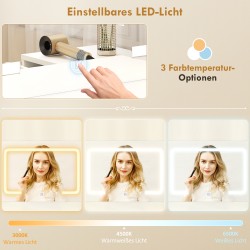 Meikkipöytä säädettävällä LED-peilillä, pistorasioilla, 6 laatikolla ja 2 avoimella hyllyllä, valkoinen