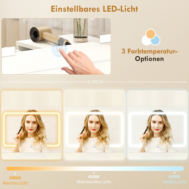 Meikkipöytä säädettävällä LED-peilillä, pistorasioilla, 6 laatikolla ja 2 avoimella hyllyllä, valkoinen