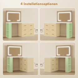 Meikkipöytä säädettävällä LED-peilillä, pistorasioilla, 6 laatikolla ja 2 avoimella hyllyllä, valkoinen