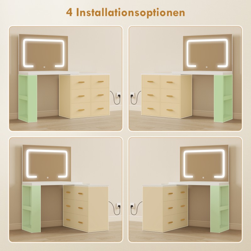 Meikkipöytä säädettävällä LED-peilillä, pistorasioilla, 6 laatikolla ja 2 avoimella hyllyllä, valkoinen