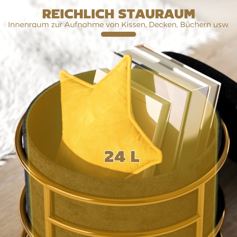 Säilytysrahi olohuoneeseen samettipinta 24 L metallirunko Ø42x39 cm musta kultaiset jalat