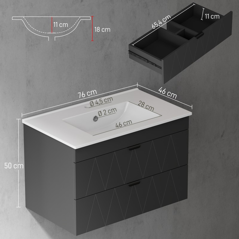 Seinään asennettava allaskaappi keraamisella altaalla, 76 cm, 2 soft-close laatikkoa, musta