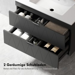 Seinään asennettava allaskaappi keraamisella altaalla, 76 cm, 2 soft-close laatikkoa, musta