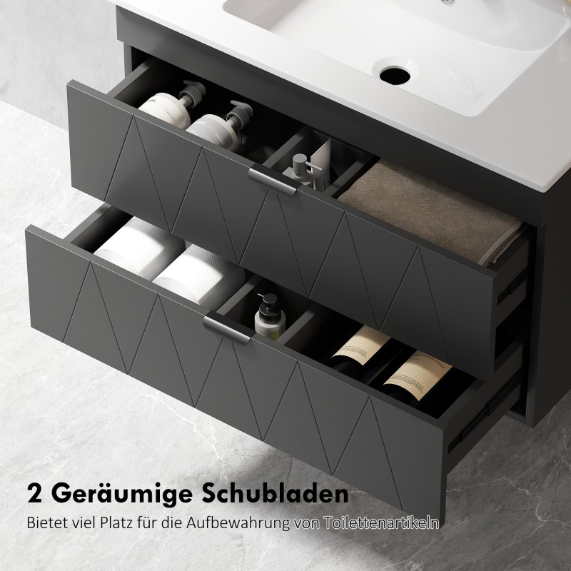 Seinään asennettava allaskaappi keraamisella altaalla, 76 cm, 2 soft-close laatikkoa, musta