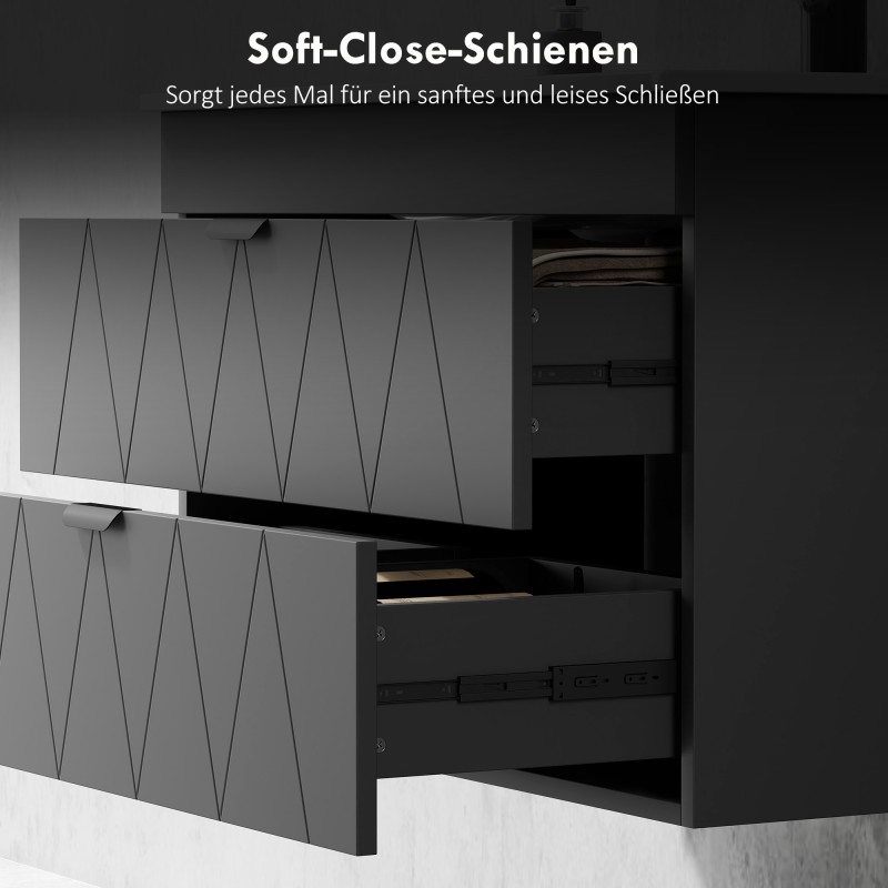 Seinään asennettava allaskaappi keraamisella altaalla, 76 cm, 2 soft-close laatikkoa, musta