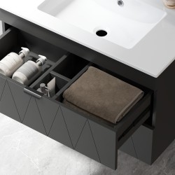 Seinään asennettava allaskaappi keraamisella altaalla, 76 cm, 2 soft-close laatikkoa, musta