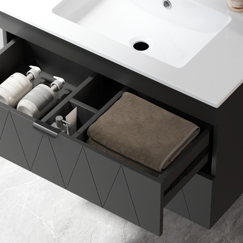 Seinään asennettava allaskaappi keraamisella altaalla, 76 cm, 2 soft-close laatikkoa, musta