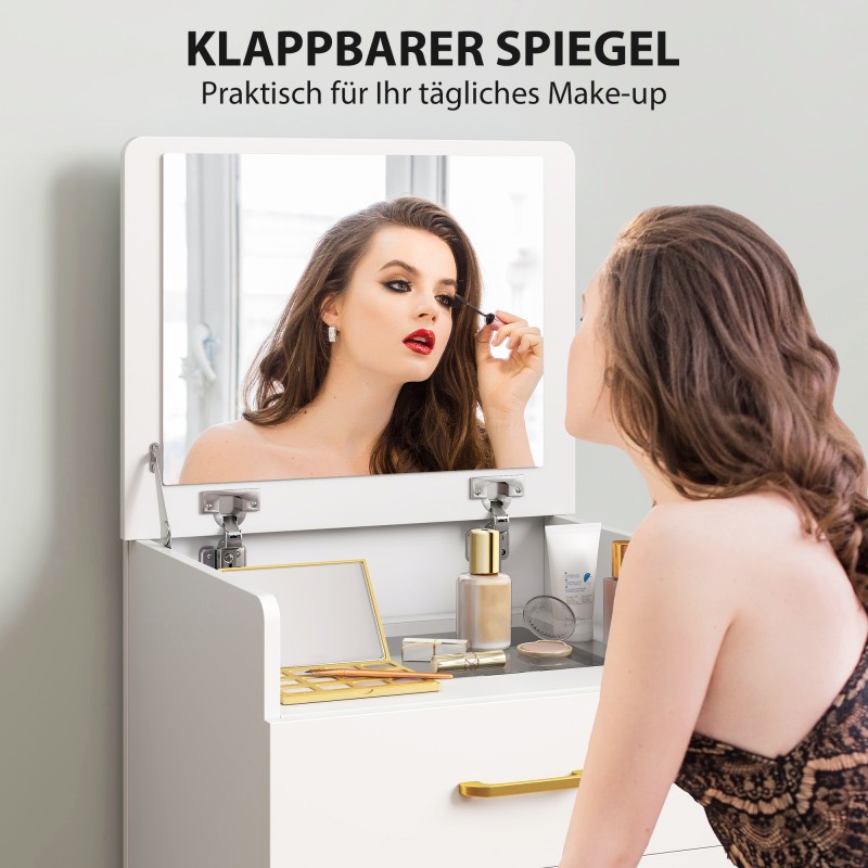 3-in-1 kampauspöytä yöpöydällä ja rullajakkaralla, lasitaso, MDF, 48 x 40 x 90 cm, valkoinen