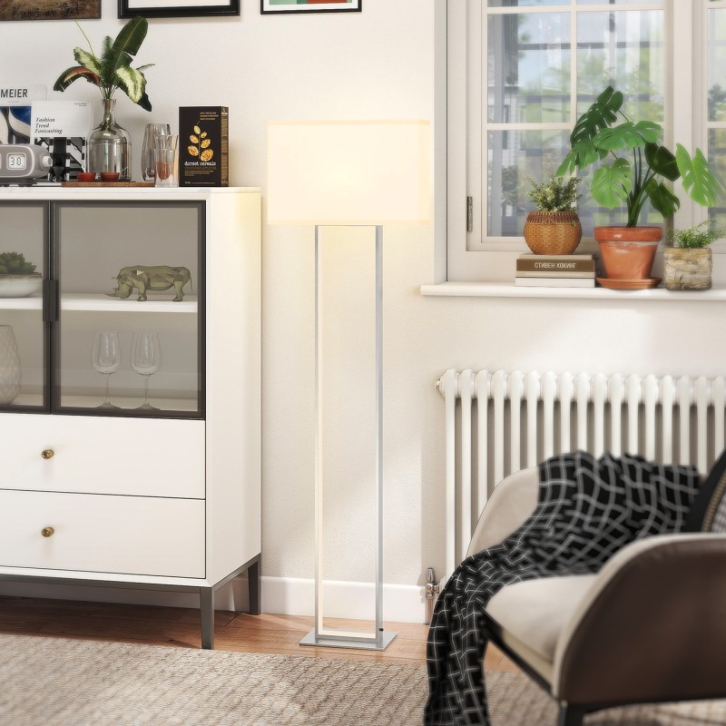 Moderni LED-lattiavalaisin 3 valotilaa ja portaattomasti himmennettävä jalkakytkimellä, valkoinen pellavapintainen varjostin