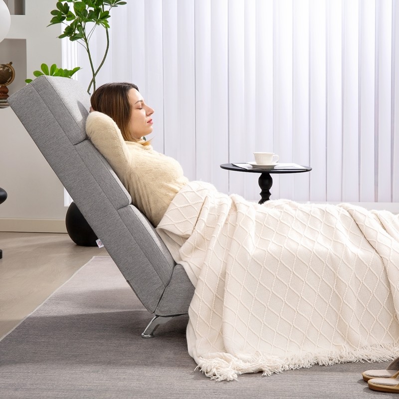 Lepotuoli selkänojalla, teräsjalat ja paksu pehmustus, olohuoneeseen ja makuuhuoneeseen, vaalea harmaa