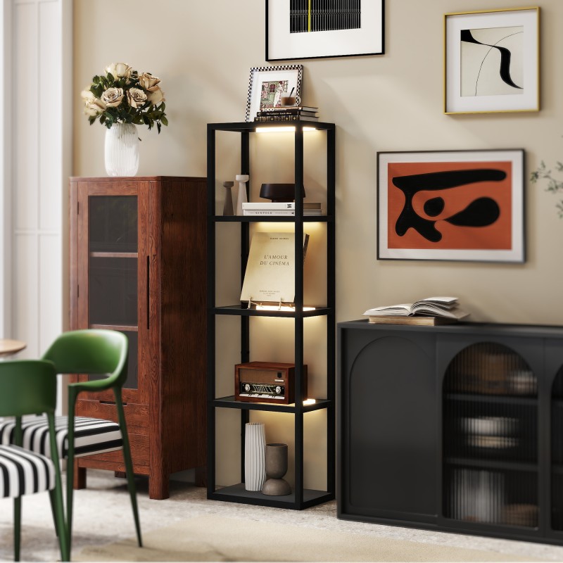 LED-lattiavalaisin hyllyllä, 4 lasihyllyä, MDF-runko, 45 x 29 x 157 cm, musta