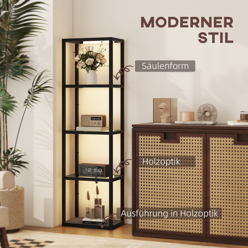 LED-lattiavalaisin hyllyllä, 4 lasihyllyä, MDF-runko, 45 x 29 x 157 cm, musta