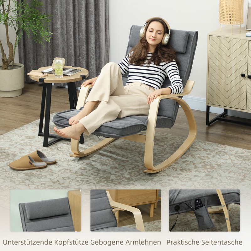 Keinutuoli hieronta- ja lannenlämmitintoiminnoilla, kangasverhoilu, säädettävä jalkatuki, harmaa