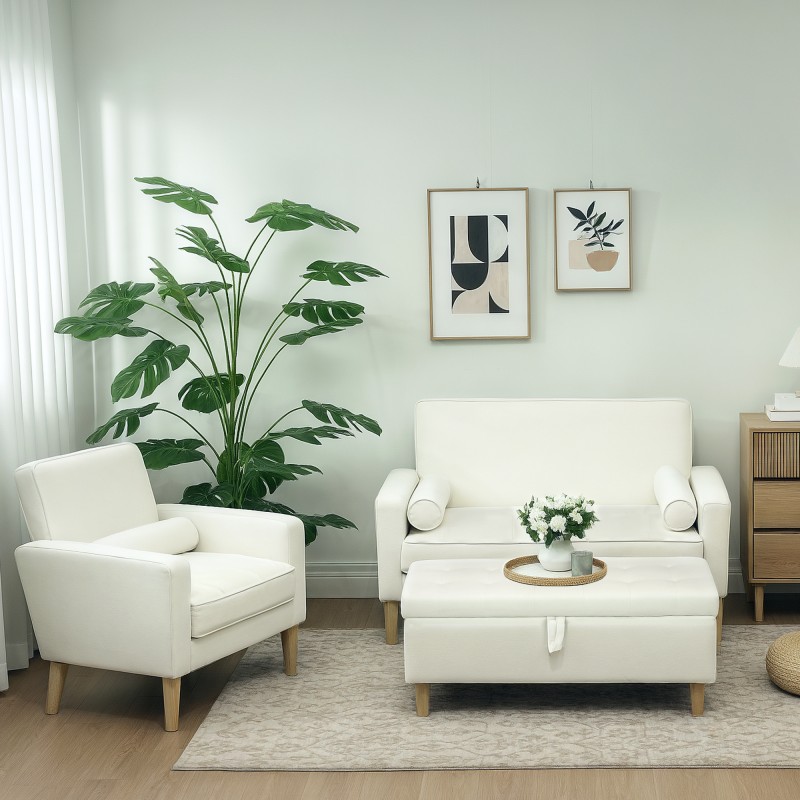 Säilytysrahi olohuoneeseen, samettimainen kangas, puujalat, 115 x 50 x 43 cm, kermanvalkoinen