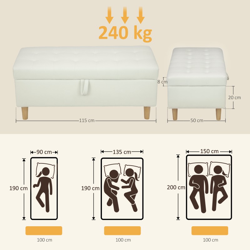 Säilytysrahi olohuoneeseen, samettimainen kangas, puujalat, 115 x 50 x 43 cm, kermanvalkoinen