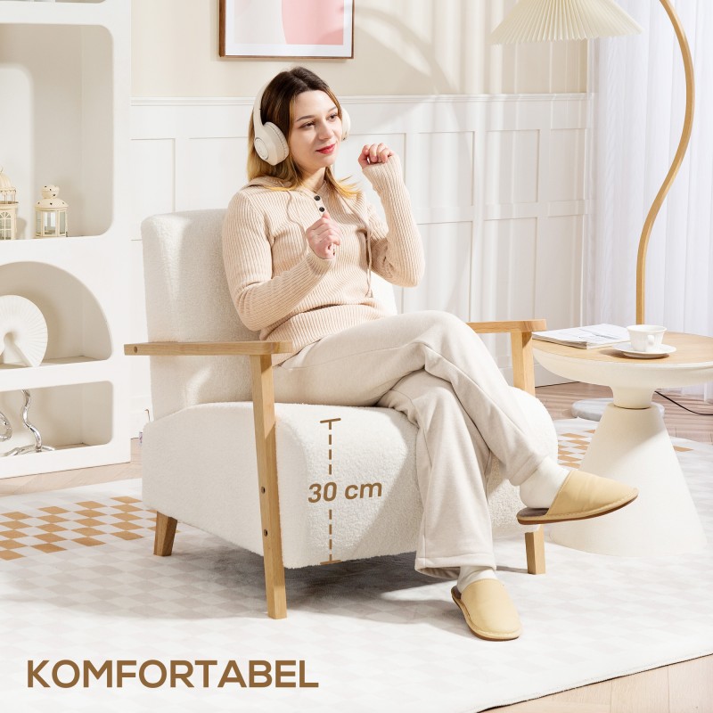 Nojatuoli sherpa-verhoilulla ja puujaloilla, leveä istuin, max 120 kg, kermanvalkoinen