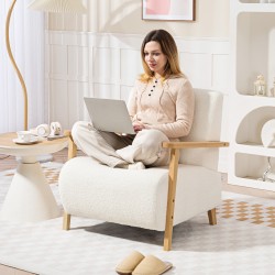 Nojatuoli sherpa-verhoilulla ja puujaloilla, leveä istuin, max 120 kg, kermanvalkoinen