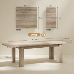 Jatkettava ruokapöytä 180–260 x 90 cm, 6–10 hengelle, melamiinipinnoitettu lastulevy, tammi