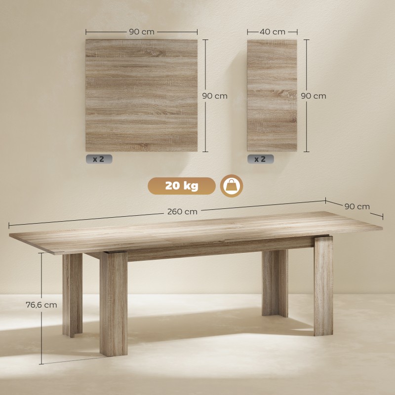 Jatkettava ruokapöytä 180–260 x 90 cm, 6–10 hengelle, melamiinipinnoitettu lastulevy, tammi