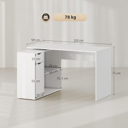 Kulmatyöpöytä etätyöhön, L-muoto tai suora, lastulevy 120 x 96 x 75 cm, valkoinen