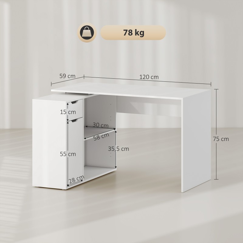 Kulmatyöpöytä etätyöhön, L-muoto tai suora, lastulevy 120 x 96 x 75 cm, valkoinen