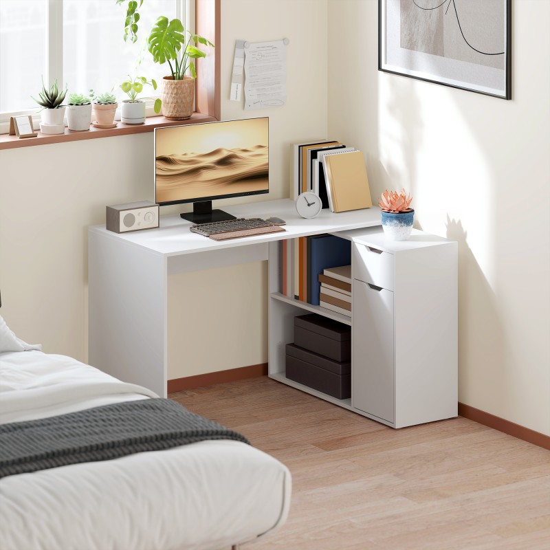 Kulmatyöpöytä etätyöhön, L-muoto tai suora, lastulevy 120 x 96 x 75 cm, valkoinen