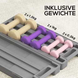 Käsipainosetti 6 kg kotitreeniin, 3 paria (0,5/1/1,5 kg) kantosalkulla