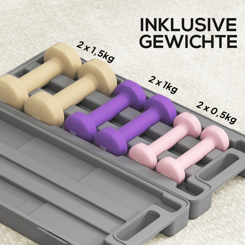 Käsipainosetti 6 kg kotitreeniin, 3 paria (0,5/1/1,5 kg) kantosalkulla