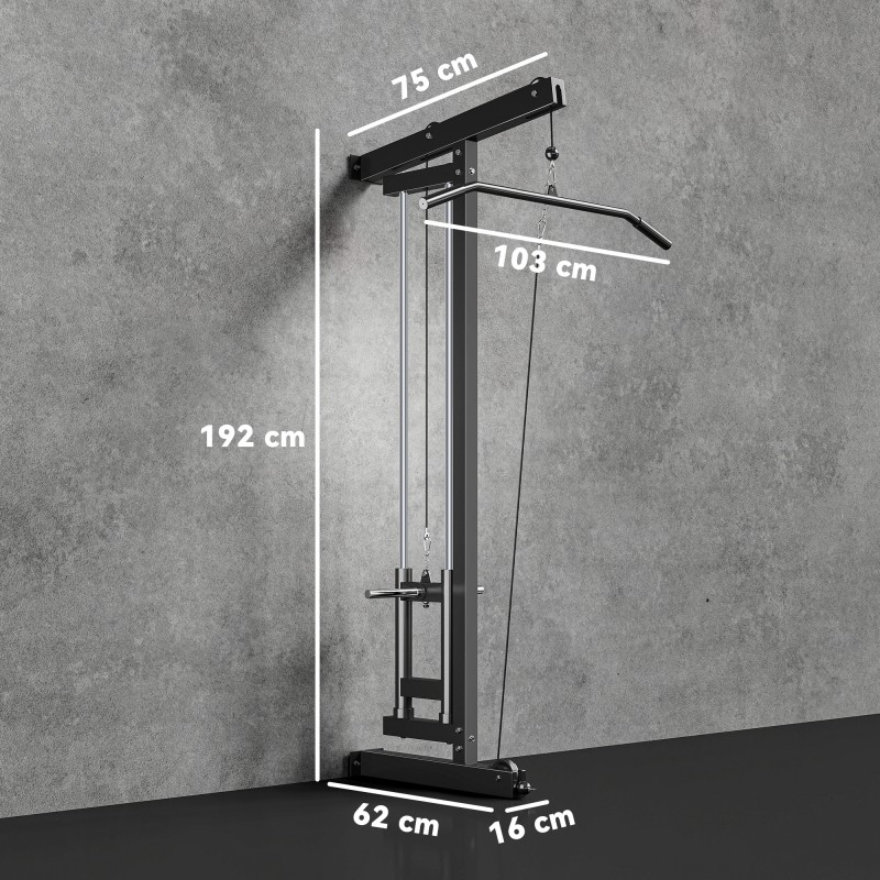 Seinään kiinnitettävä taljalaite ylävartalotreeniin, teräs, 75 x 16 x 192 cm, musta