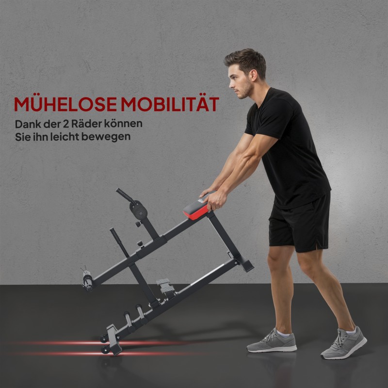 Pohjeharjoittelulaite kotikäyttöön, teräsrunkoinen, säädettävä, siirtopyörillä, musta