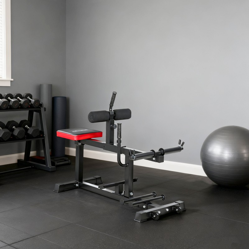 Pohjeharjoittelulaite kotikäyttöön, teräsrunkoinen, säädettävä, siirtopyörillä, musta