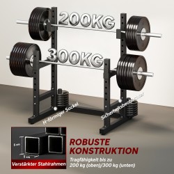 Kaksitasoinen kyykky- ja levytankoteline terästä, max 300 kg, musta