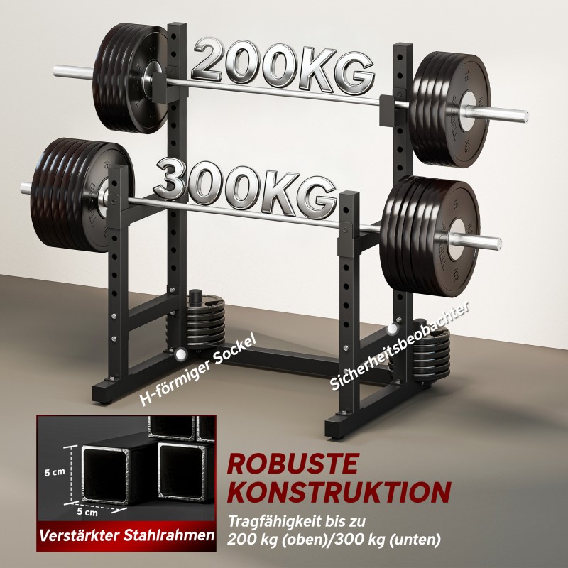 Kaksitasoinen kyykky- ja levytankoteline terästä, max 300 kg, musta