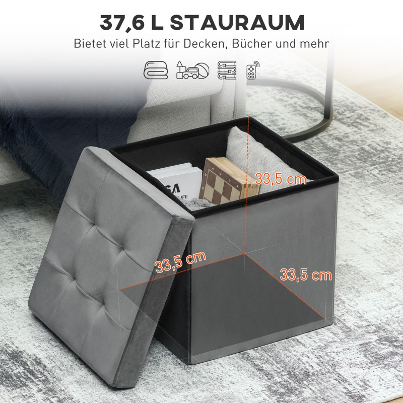 Säilytysrahi taitettava samettinen istuin MDF 38x38x38 cm 37,6 L harmaa