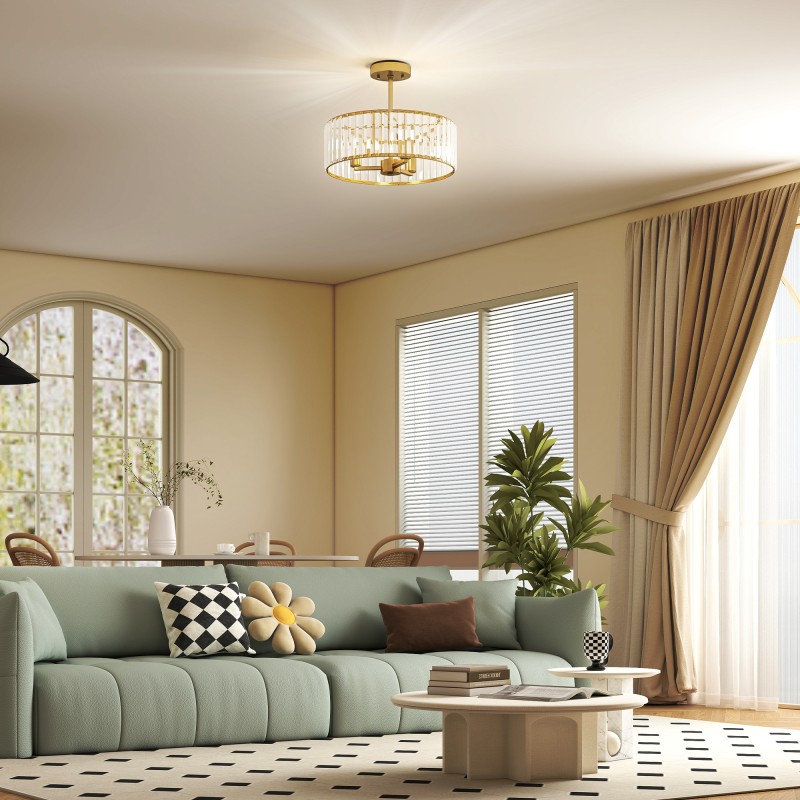 Kristallikattovalaisin 3xE14, metalli ja kristalli, puoliuppo, kullan sävy, Ø39 cm