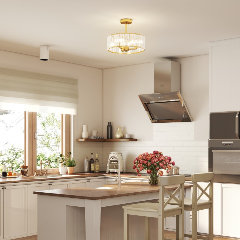 Kristallikattovalaisin 3xE14, metalli ja kristalli, puoliuppo, kullan sävy, Ø39 cm