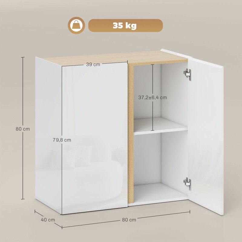 Kaappi olohuoneeseen ja keittiöön, soft close -ovet, säädettävä hylly, 80x40x80 cm, valkoinen korkeakiilto/naturpuu