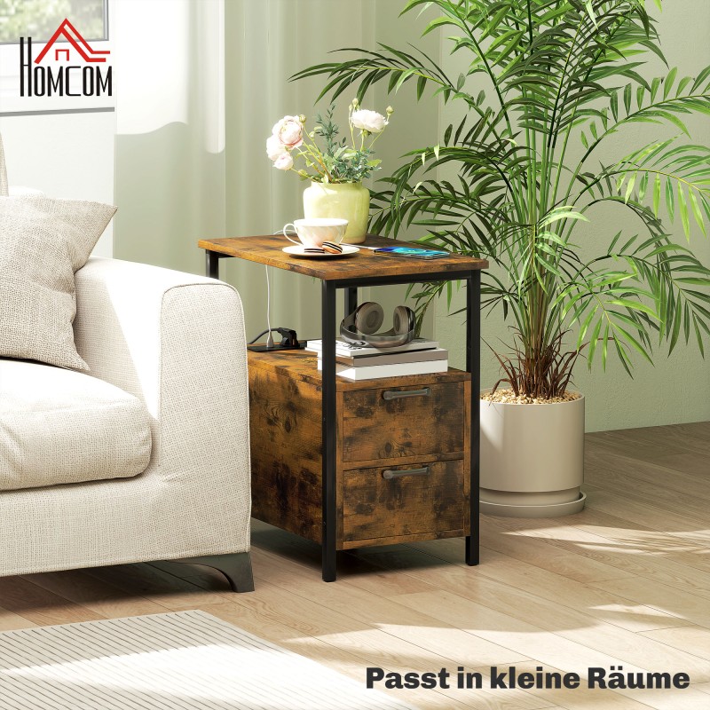 Yöpöytä ja sivupöytä latausasemalla, 2 laatikkoa ja hylly, lastulevy/metalli, rustiikin ruskea, 55 x 35 x 58,5 cm