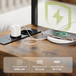 Yöpöytä ja sivupöytä latausasemalla, 2 laatikkoa ja hylly, lastulevy/metalli, rustiikin ruskea, 55 x 35 x 58,5 cm