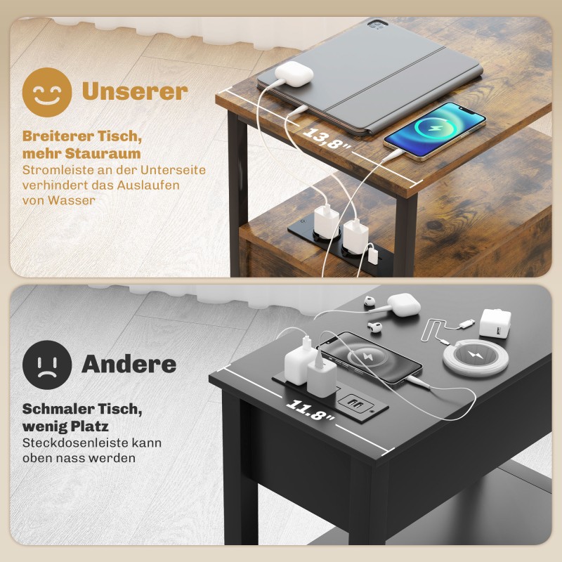 Yöpöytä ja sivupöytä latausasemalla, 2 laatikkoa ja hylly, lastulevy/metalli, rustiikin ruskea, 55 x 35 x 58,5 cm