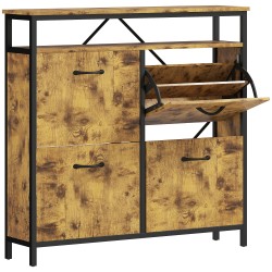 Kenkäkaappi eteiseen 4 kippilaatikkoa ja avoin hylly lastulevy ja teräs 98 x 24 x 95 cm ruskea