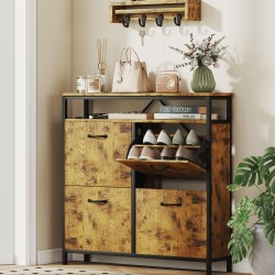 Kenkäkaappi eteiseen, 4 kippilaatikkoa ja avoin hylly, lastulevy ja teräs, 98 x 24 x 95 cm, ruskea