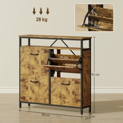 Kenkäkaappi eteiseen, 4 kippilaatikkoa ja avoin hylly, lastulevy ja teräs, 98 x 24 x 95 cm, ruskea