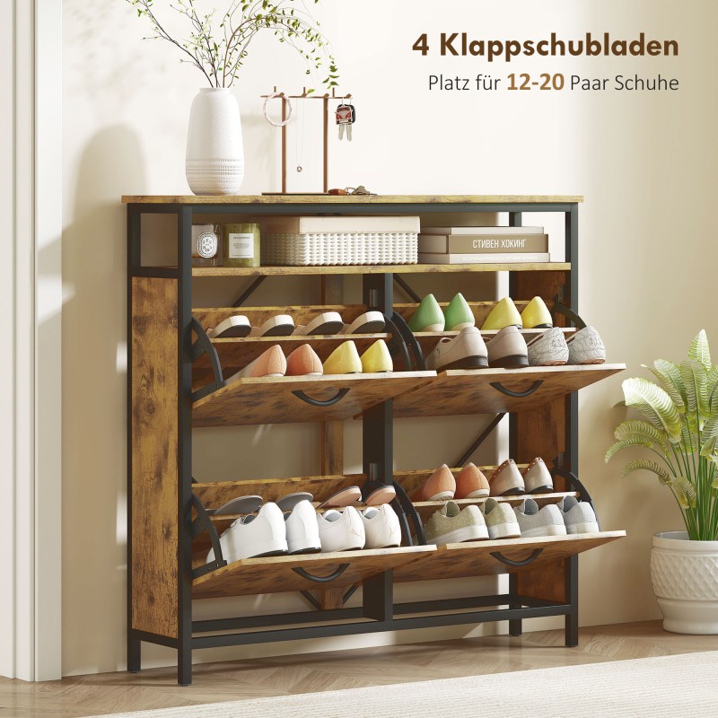 Kenkäkaappi eteiseen, 4 kippilaatikkoa ja avoin hylly, lastulevy ja teräs, 98 x 24 x 95 cm, ruskea