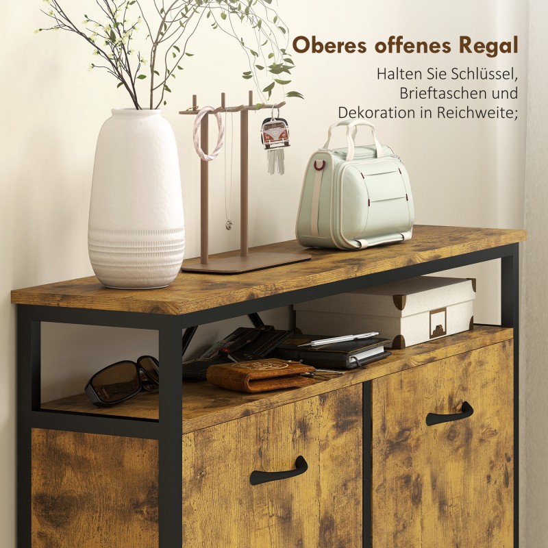 Kenkäkaappi eteiseen, 4 kippilaatikkoa ja avoin hylly, lastulevy ja teräs, 98 x 24 x 95 cm, ruskea