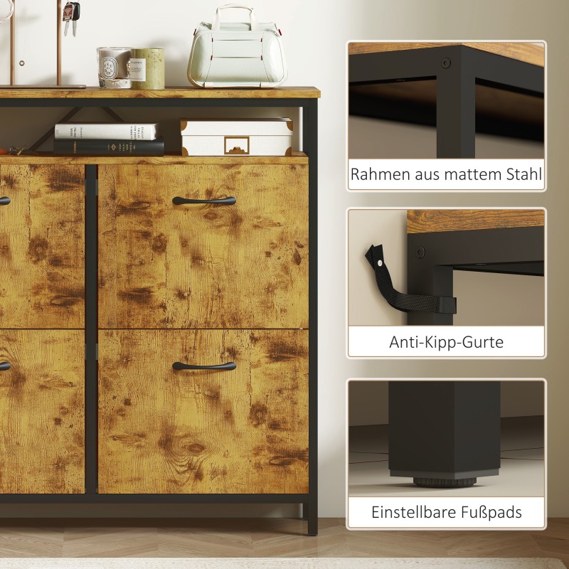 Kenkäkaappi eteiseen, 4 kippilaatikkoa ja avoin hylly, lastulevy ja teräs, 98 x 24 x 95 cm, ruskea