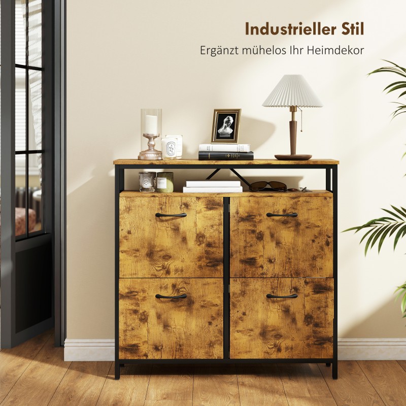 Kenkäkaappi eteiseen, 4 kippilaatikkoa ja avoin hylly, lastulevy ja teräs, 98 x 24 x 95 cm, ruskea