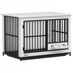 Koiran sisähäkki kääntyvällä ruokakupilla MDF metalli 95 x 60 x 68 5 cm valkoinen